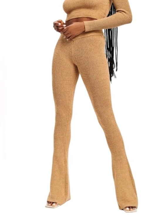 Seroya Pants - SEROYA Ribbed High-Waist Flare Pants - Camel
